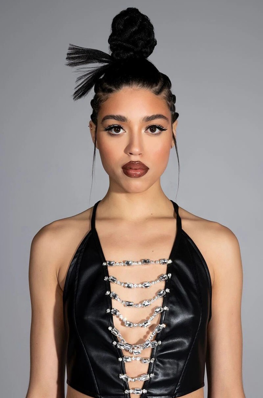 Crop Tops & Bralettes * | Covered In Ice Faux Leather Rhinestone Tank Top Black