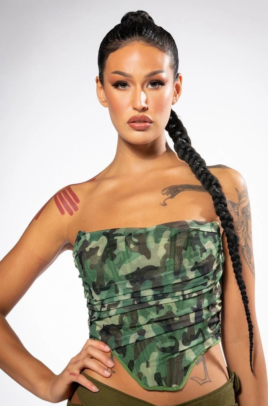 Crop Tops & Bralettes * | Camo Mesh Corset Green Multi