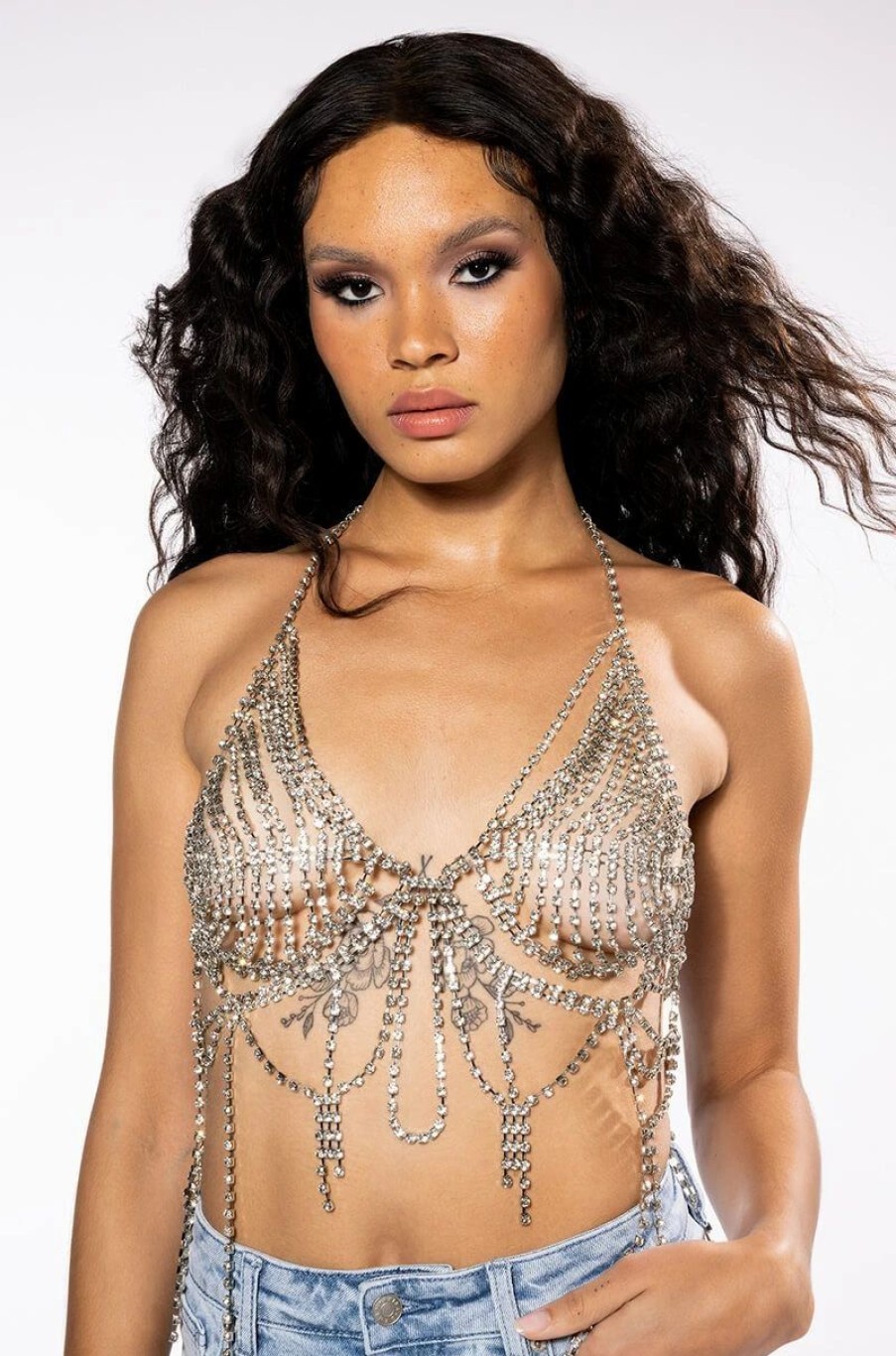 Crop Tops & Bralettes * | Goddess Rhinestone Top Silver