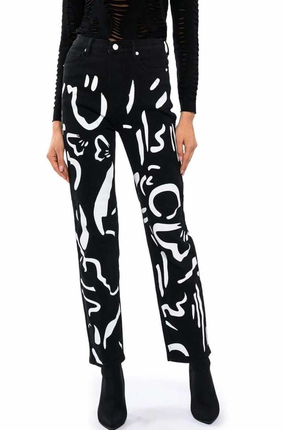 Denim * | Abstract Painted High Waisted Wide Leg Jean Black