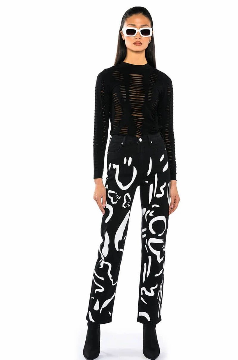 Denim * | Abstract Painted High Waisted Wide Leg Jean Black