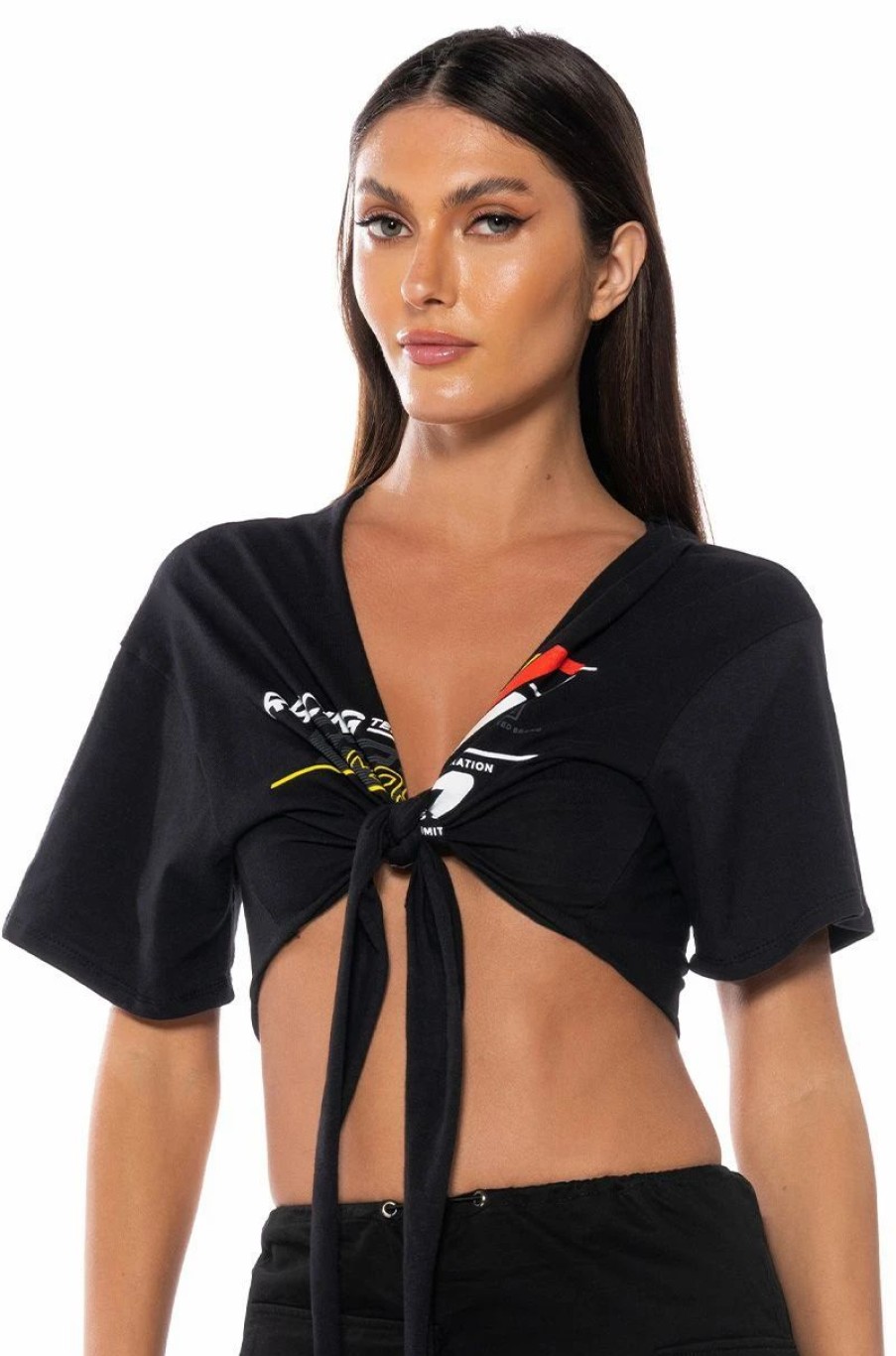 Crop Tops & Bralettes * | Race To Your Heart Tie Front Tshirt Black Multi