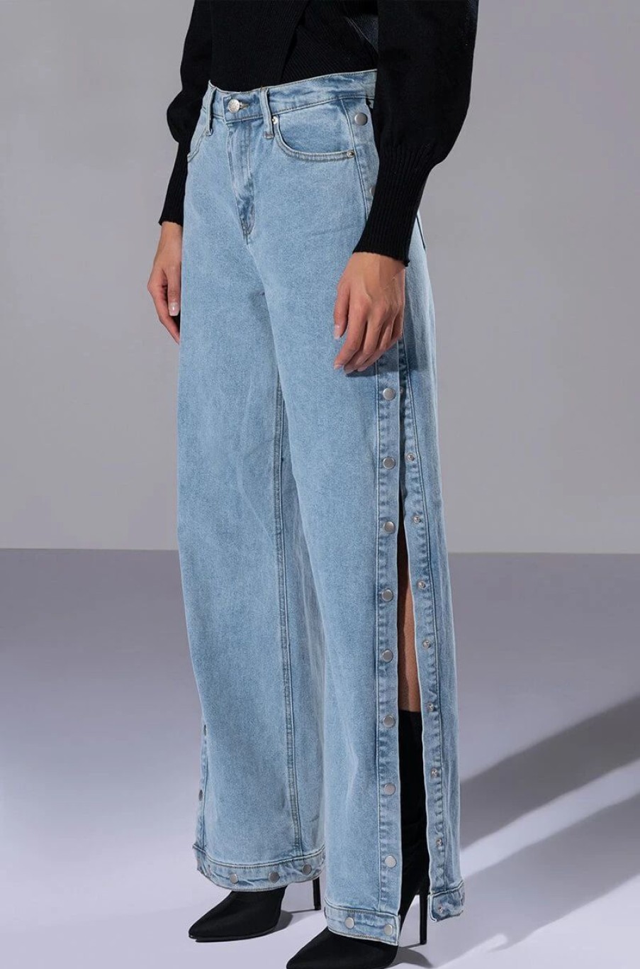 Denim * | Blessed Mess Side Snap High Rise Jeans Light Blue Denim