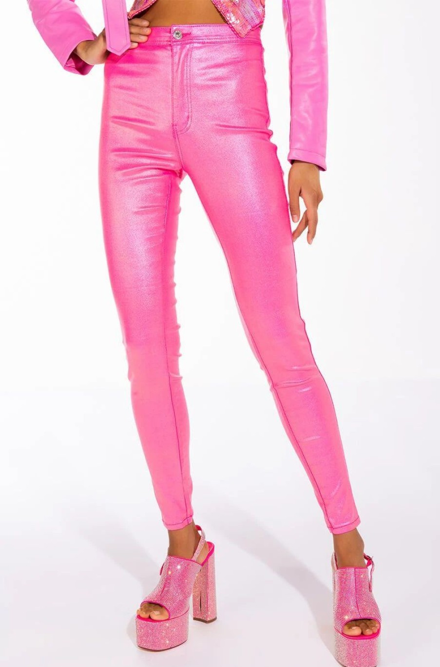 Denim * | Born To Shine Metallic Skinny Pants In Pink