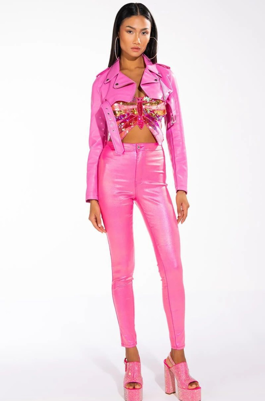 Denim * | Born To Shine Metallic Skinny Pants In Pink