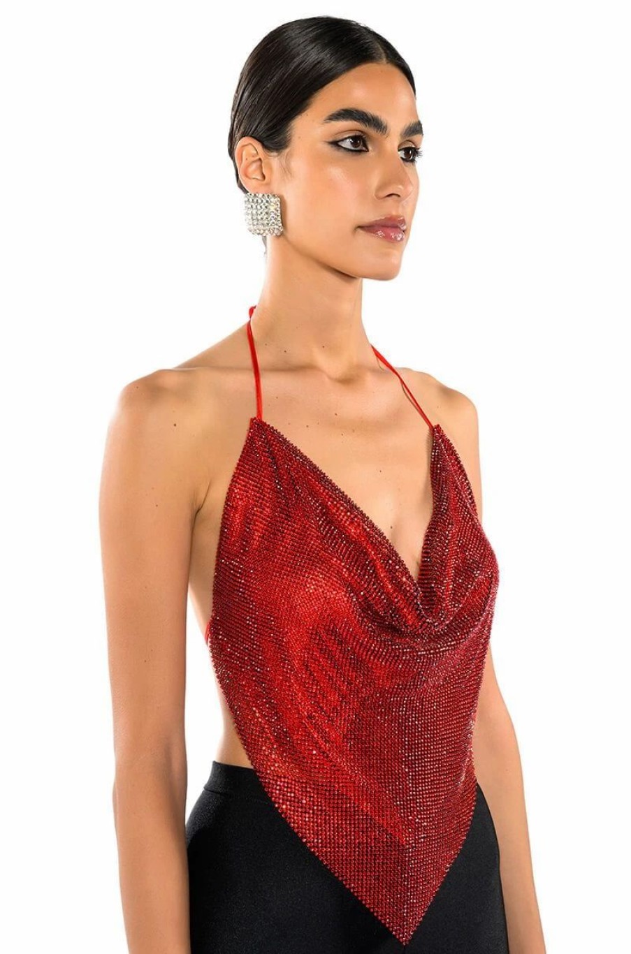 Crop Tops & Bralettes * | Miami On The Line Rhinestone Chainmail Top Red