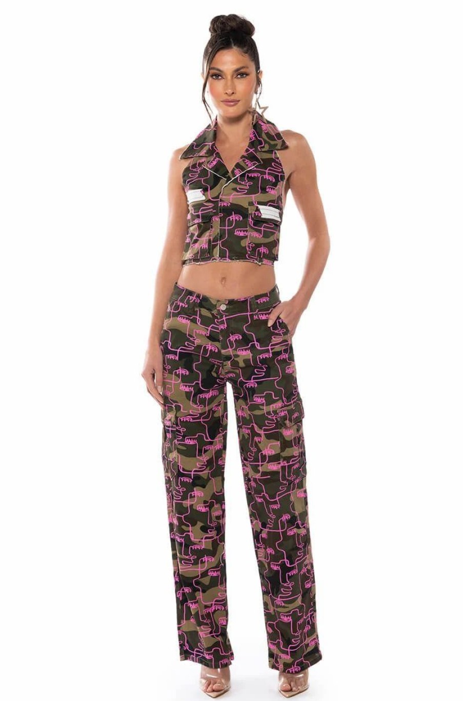 Crop Tops & Bralettes * | Silhouette Print Collared Halter Top Camo