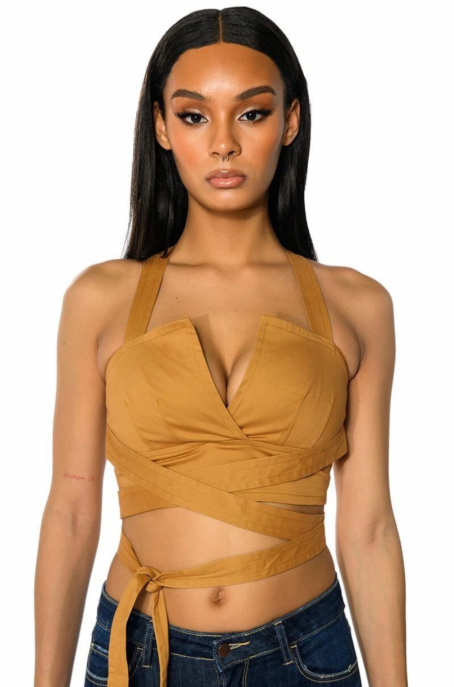 Crop Tops & Bralettes * | Londyn Cross Back Wrap Tank Top Camel