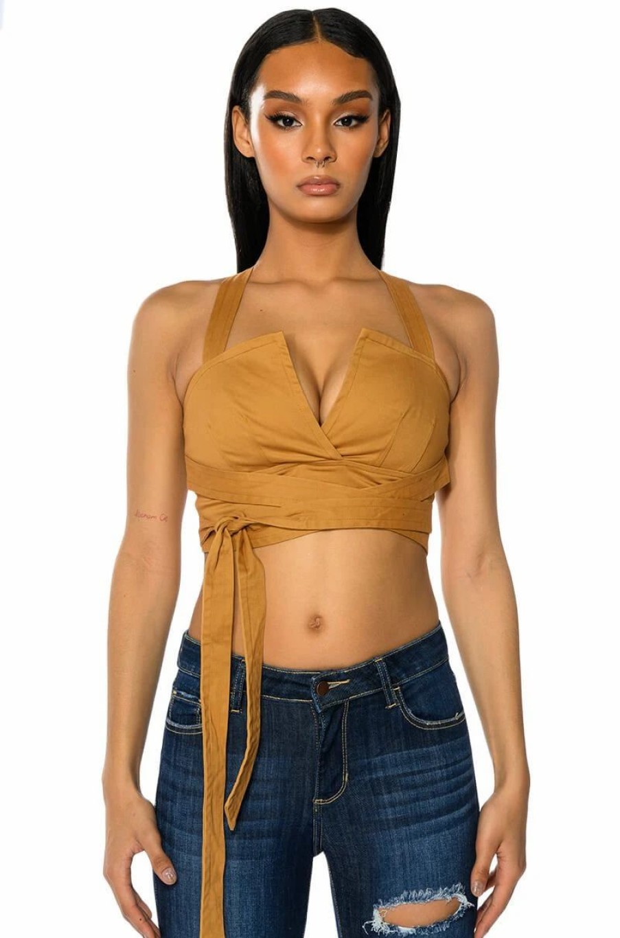 Crop Tops & Bralettes * | Londyn Cross Back Wrap Tank Top Camel