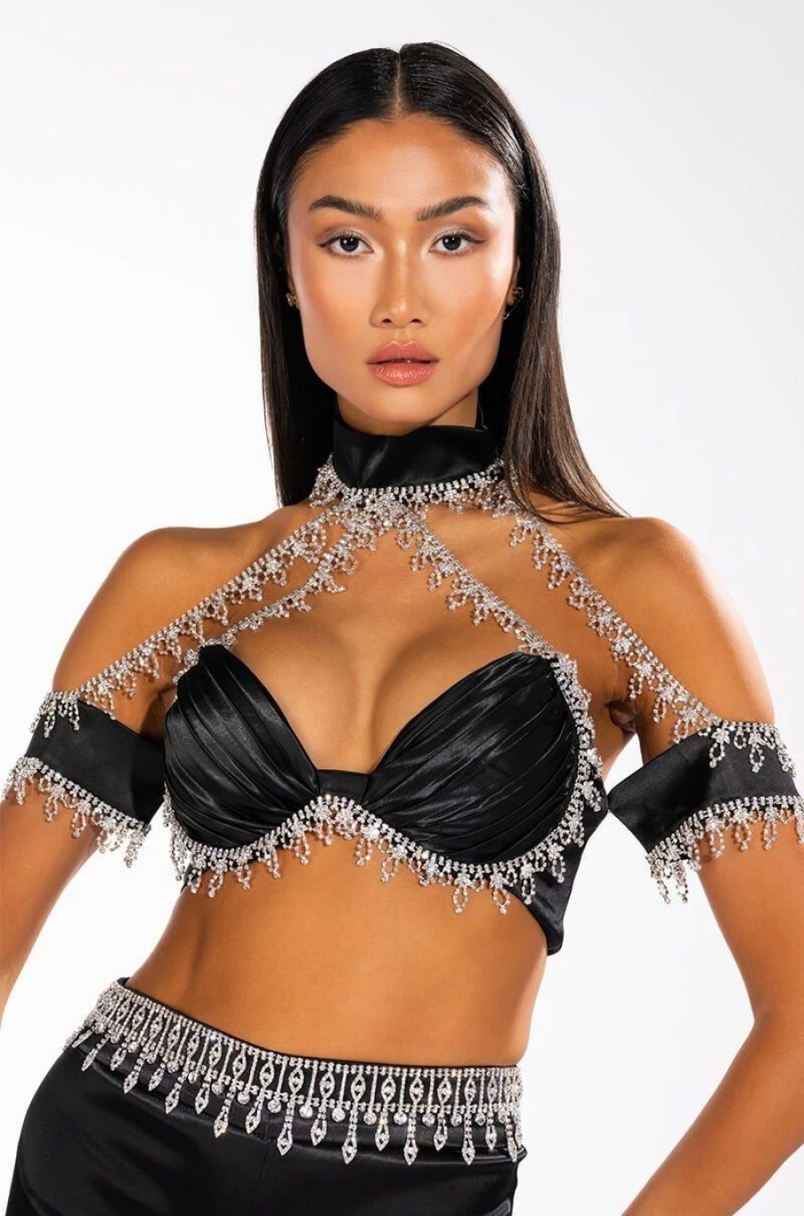 Crop Tops & Bralettes * | Drenched In Diamonds Satin Bra Top Black