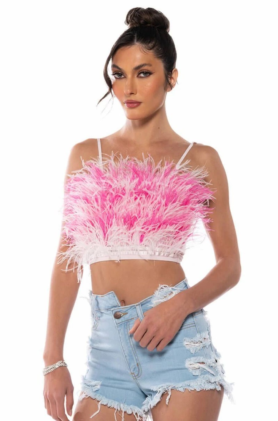 Crop Tops & Bralettes * | Real Ostrich Feather Top In Pink Multi