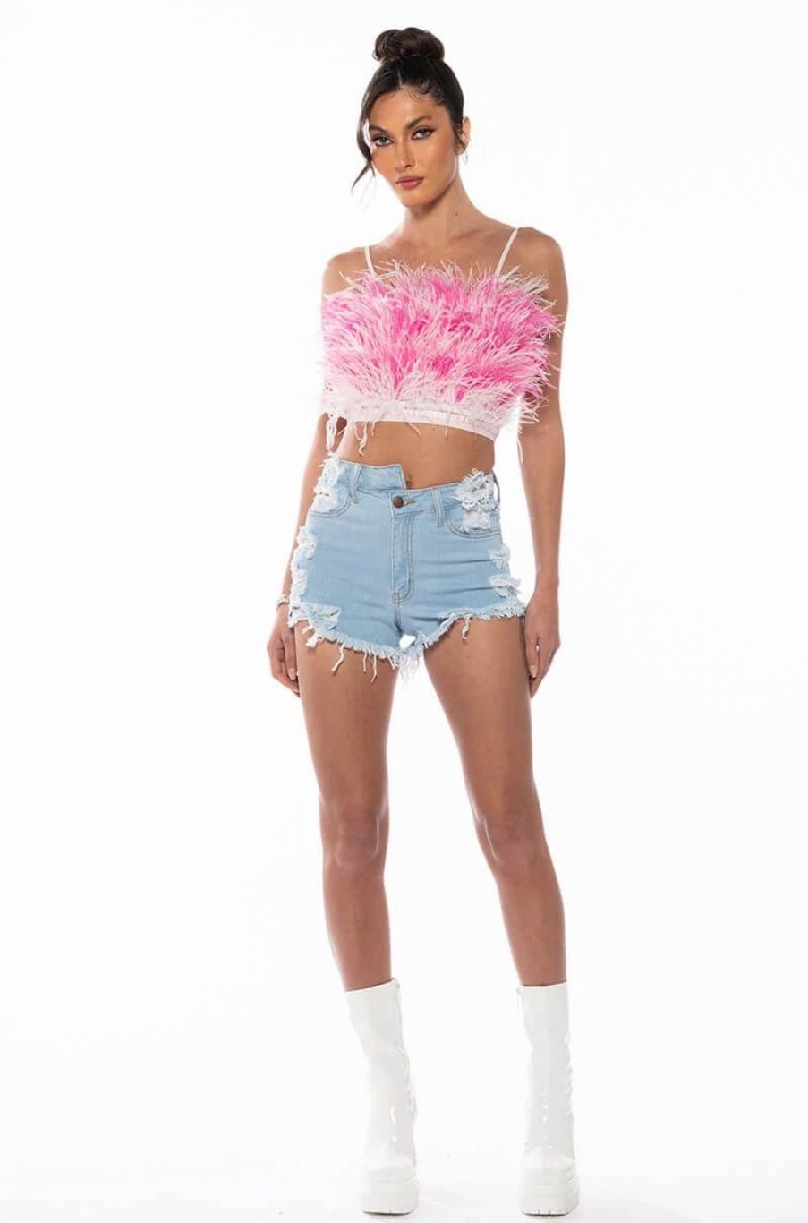 Crop Tops & Bralettes * | Real Ostrich Feather Top In Pink Multi