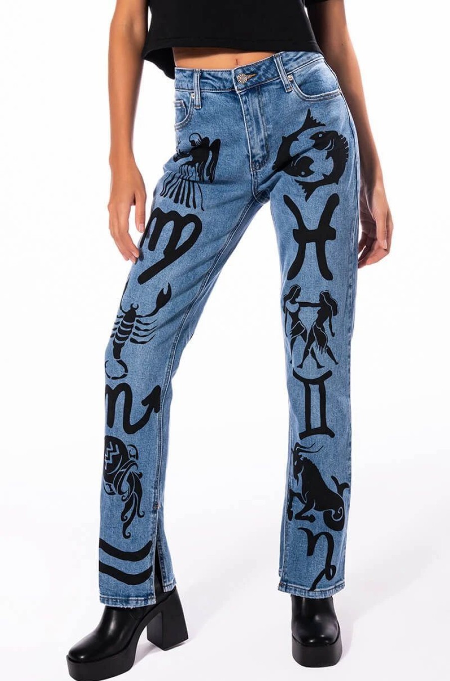 Denim * | Astrological Printed High Rise Straight Leg Jean Medium Blue Denim