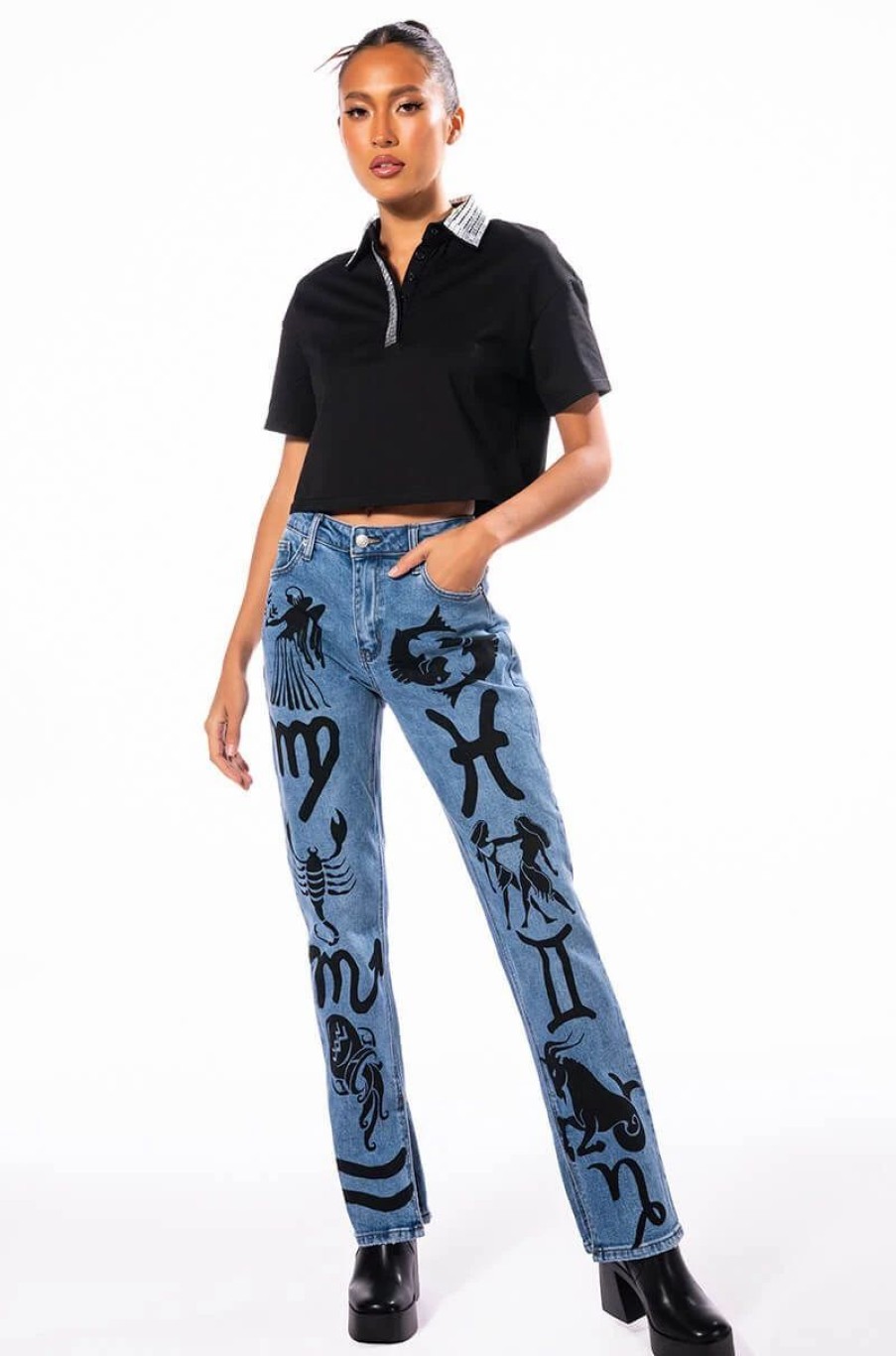 Denim * | Astrological Printed High Rise Straight Leg Jean Medium Blue Denim