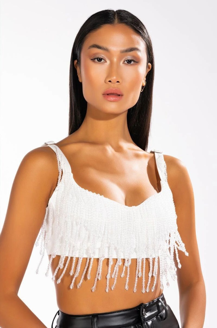 Crop Tops & Bralettes * | Cha Cha Slide Beaded Crop Top White