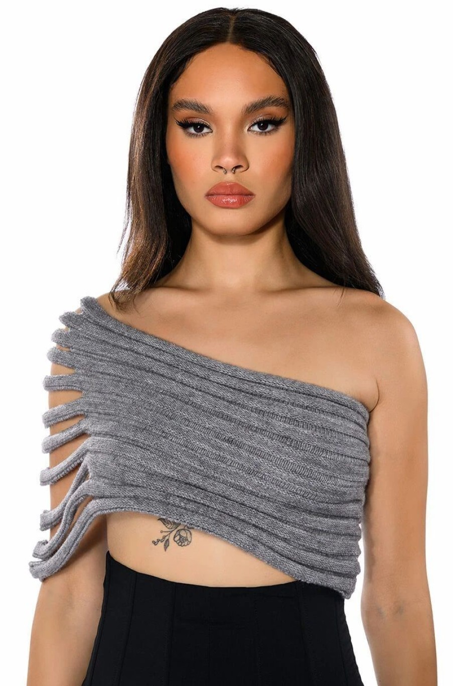 Crop Tops & Bralettes * | One Shoulder Rib Knit Layering Tube Top Gray