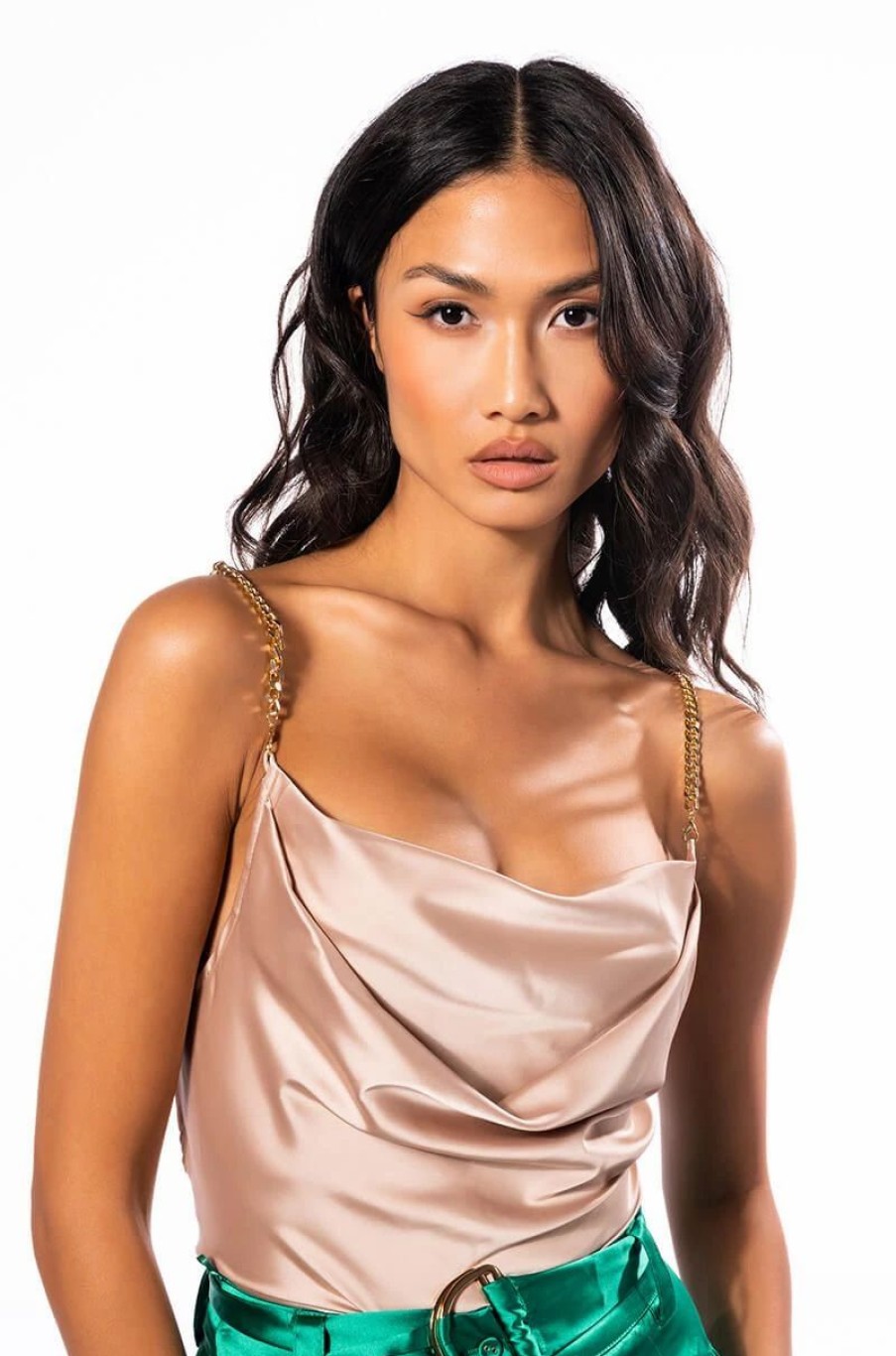 Crop Tops & Bralettes * | Diva Drip Sleeveless Chain Detail Satin Cowl Neck Blouse Beige