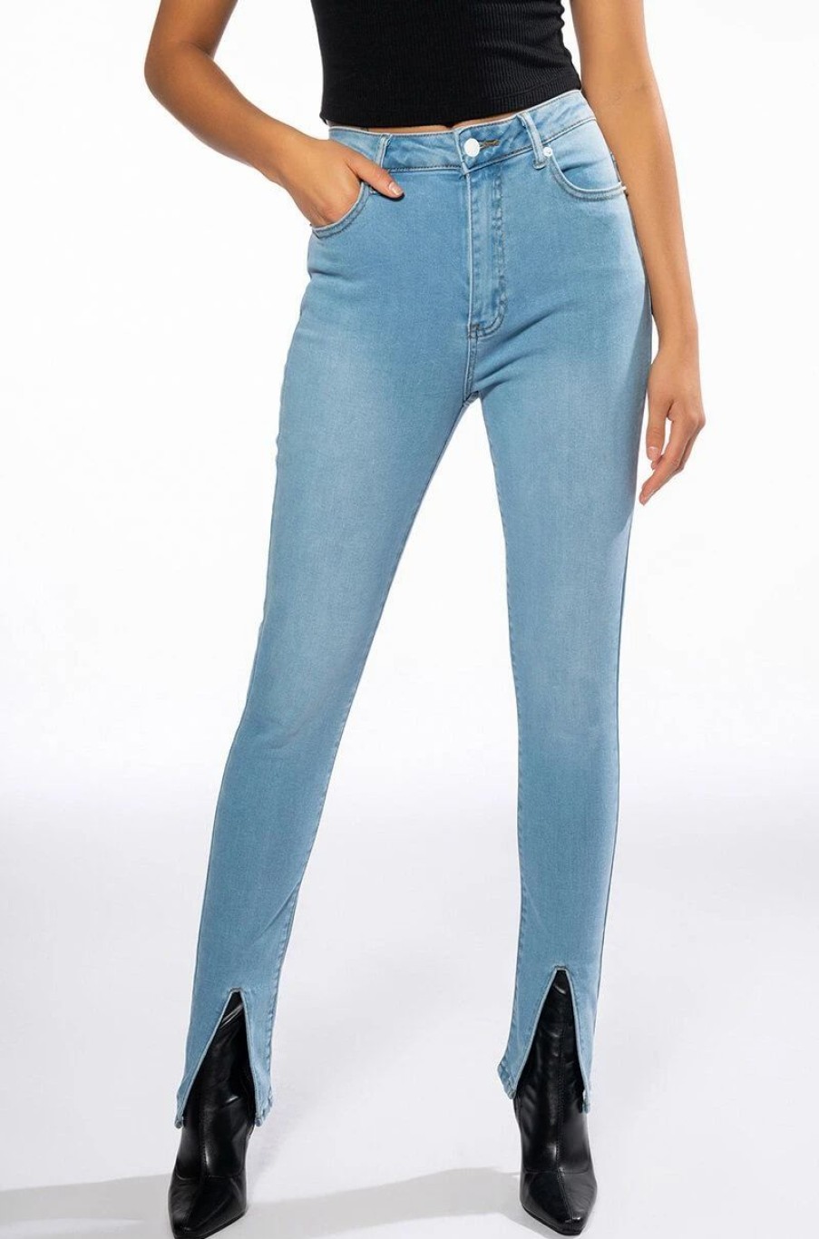 Denim * | Nightfall Mid Rise Skinny Jeans With Front Slit Light Blue Denim