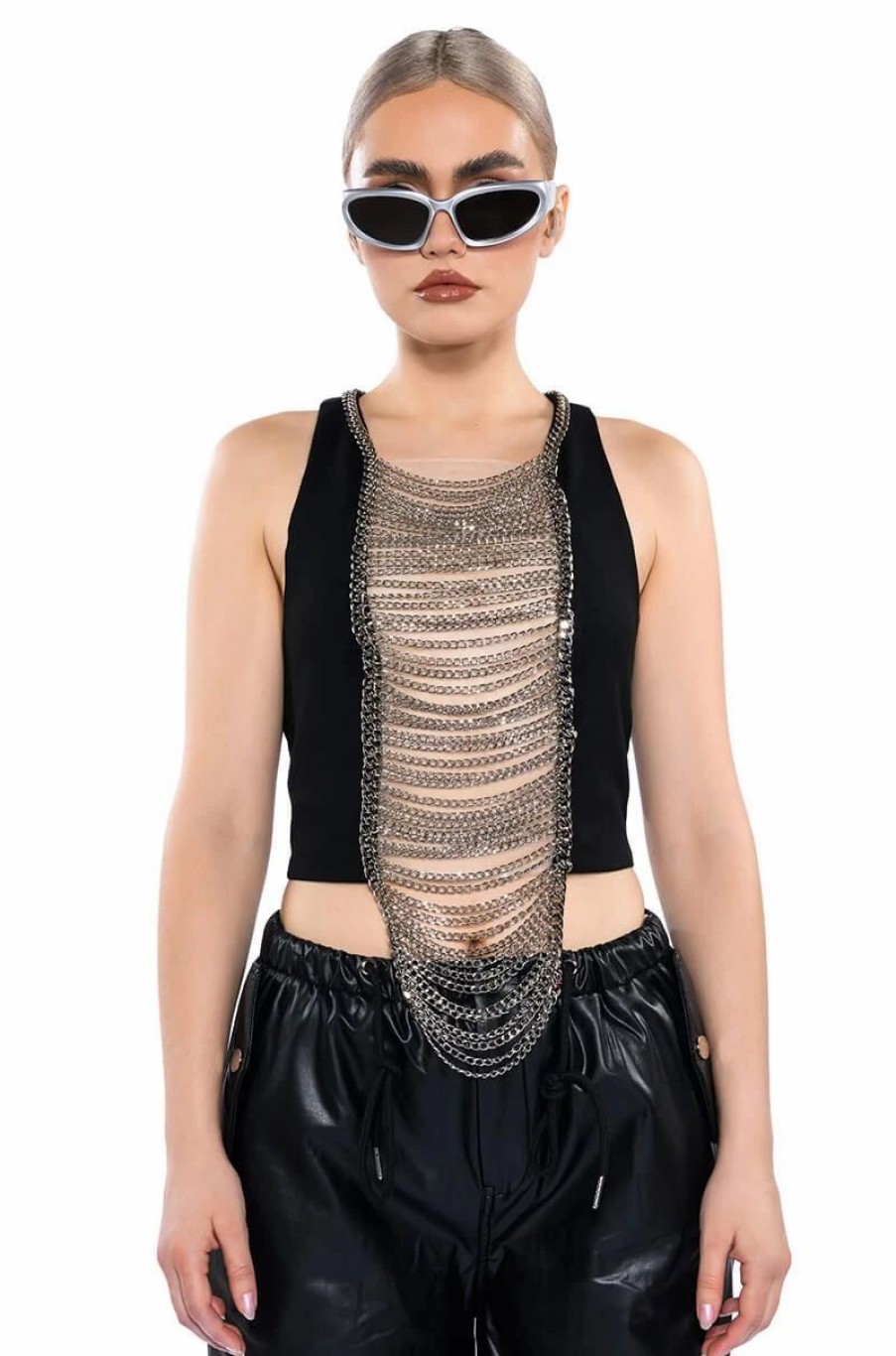 Crop Tops & Bralettes * | Nova Layered Chain Tank Top Black Silver