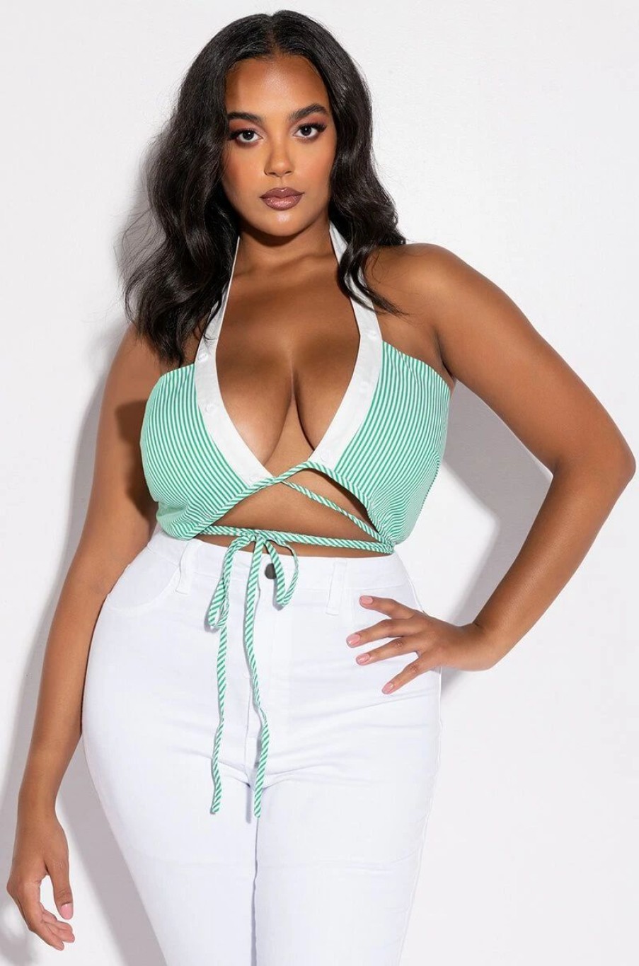 Crop Tops & Bralettes * | Modern Art Wrap Front Poplin Halter Crop Top Green Multi