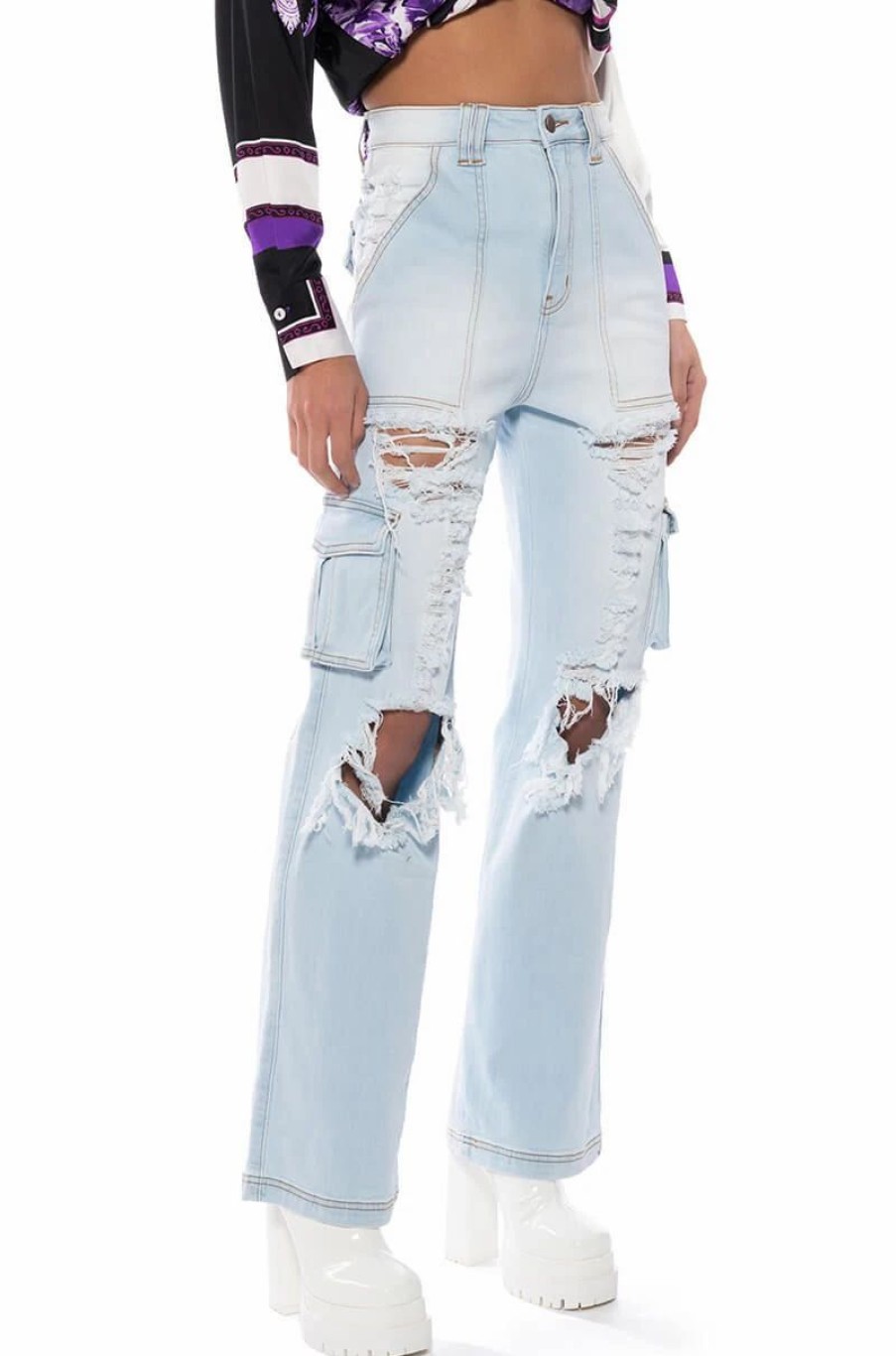 Denim * | Be Real Distressed Cargo High Rise Jeans Light Blue Denim