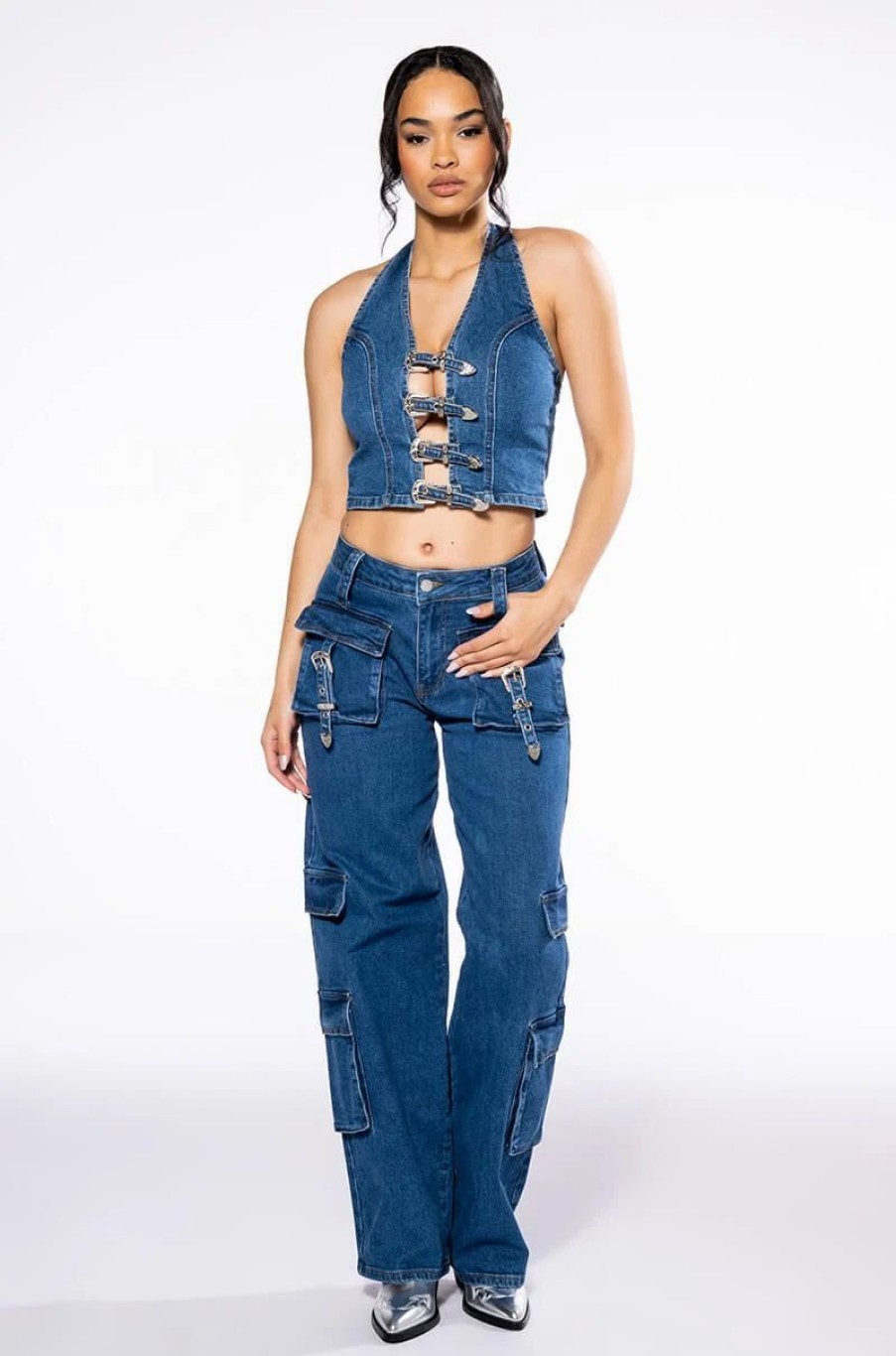 Crop Tops & Bralettes * | Calypso Denim Halter Neck Top Dark Blue