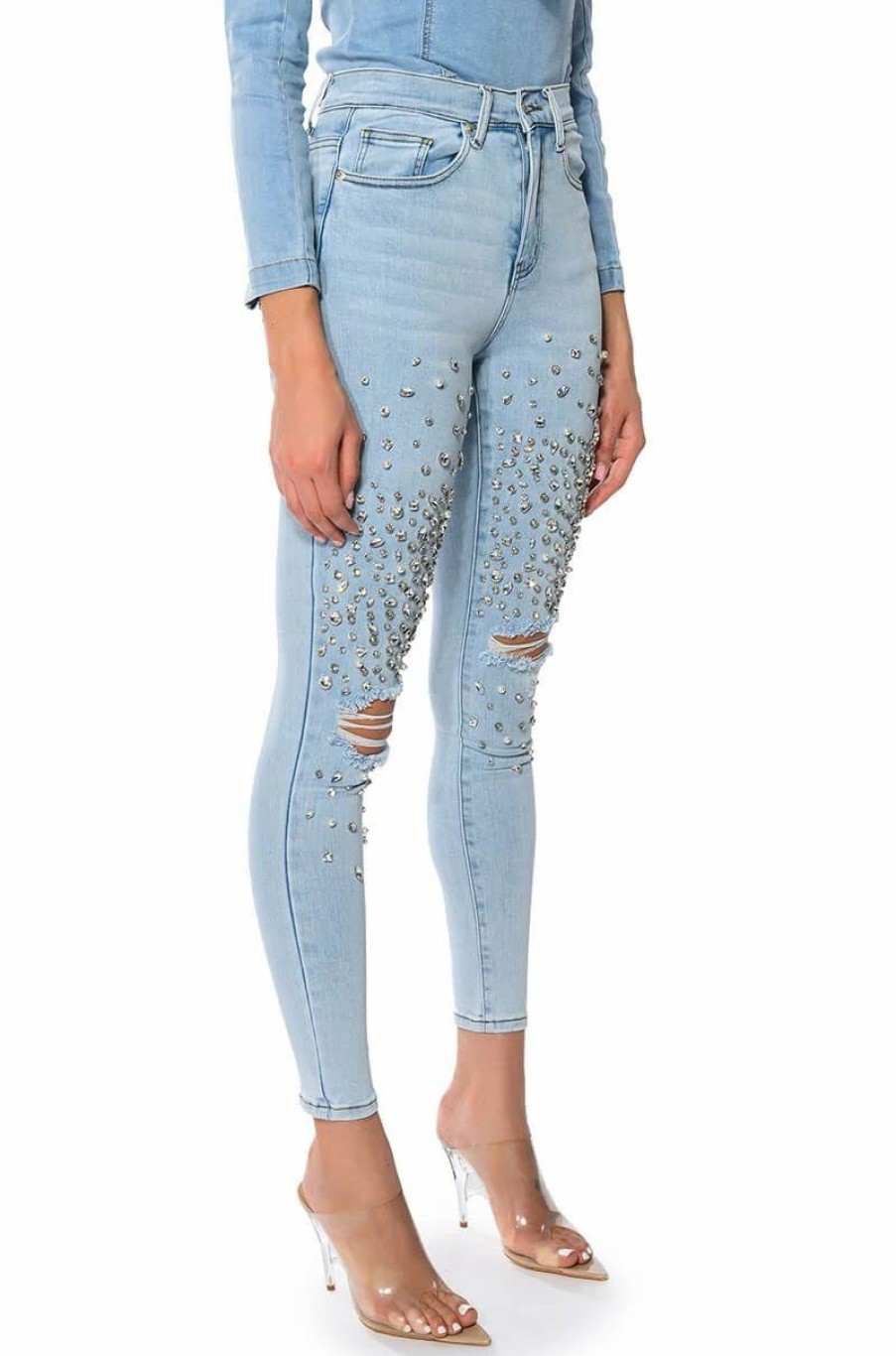 Denim * | Outta This World Distressed Rhinestone High Rise Skinny Jeans Light Blue Denim