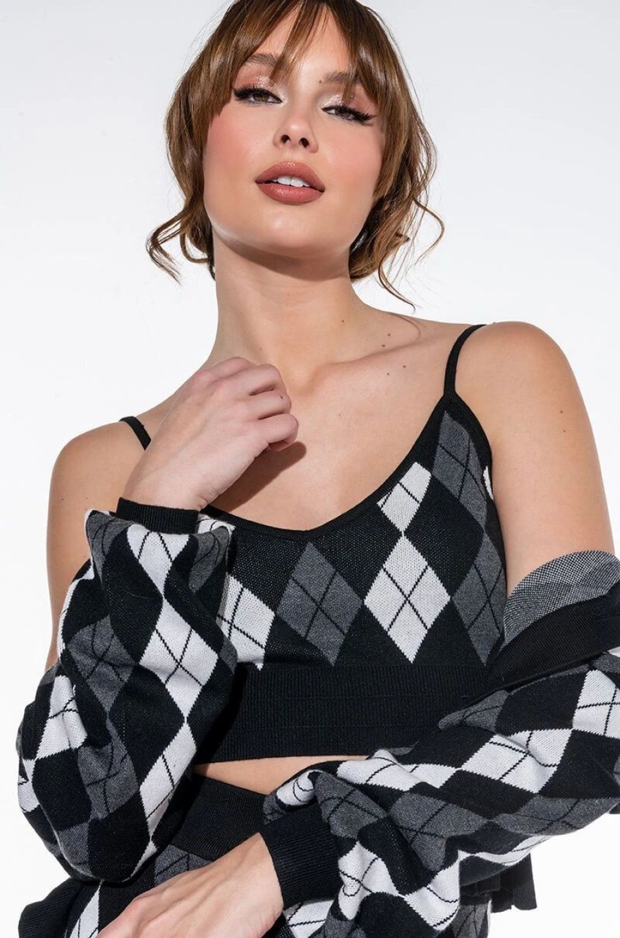 Crop Tops & Bralettes * | Birdie Argyle Knit Crop Top Black Multi