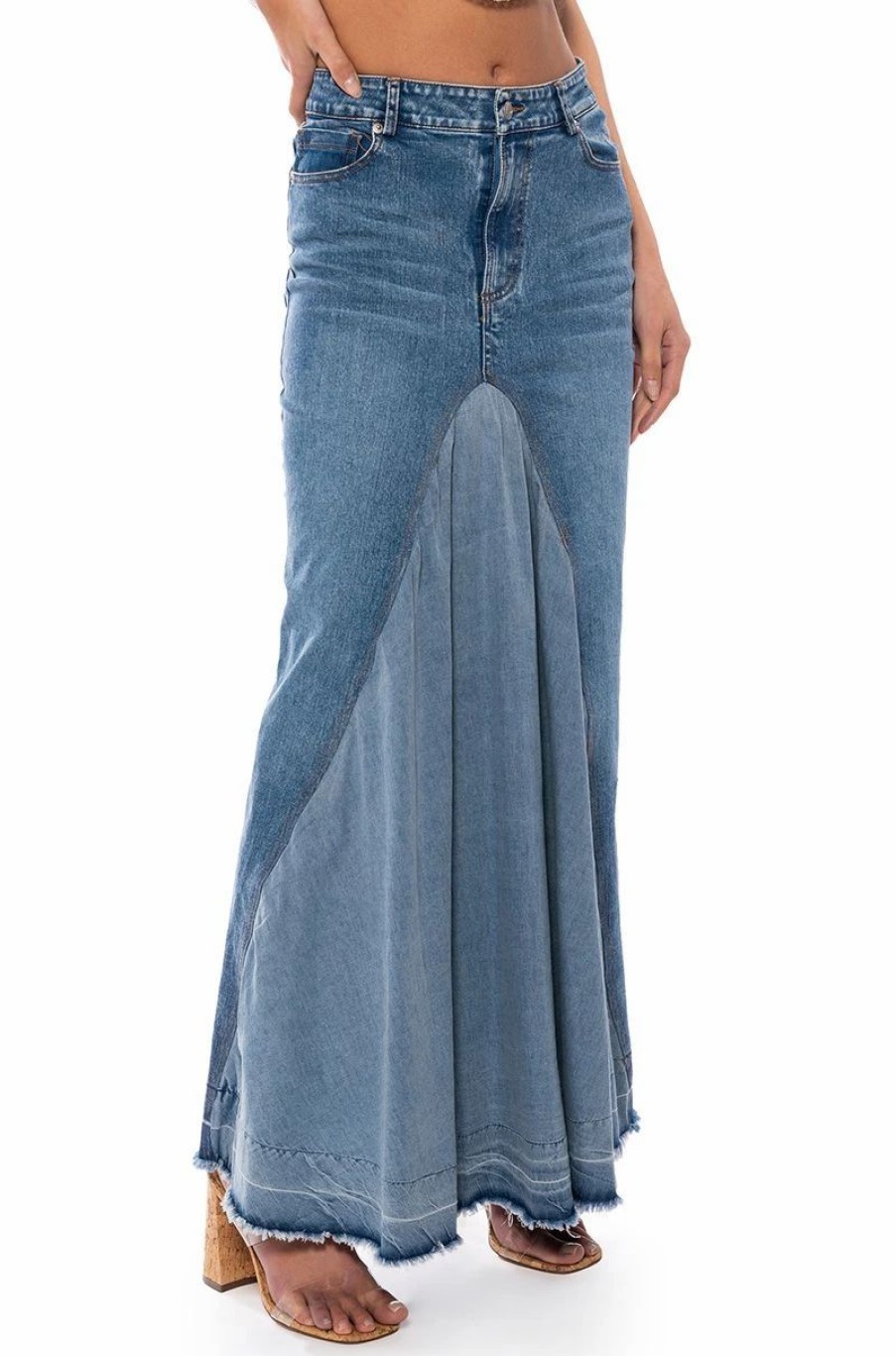 Denim * | Added Flare Front Pleat Maxi Skirt Light Blue Denim