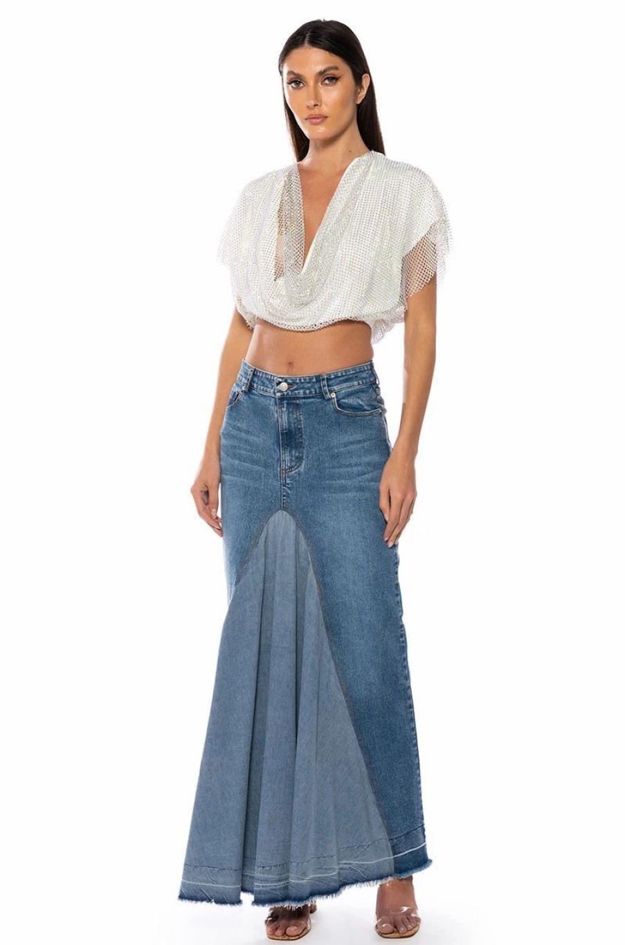 Denim * | Added Flare Front Pleat Maxi Skirt Light Blue Denim