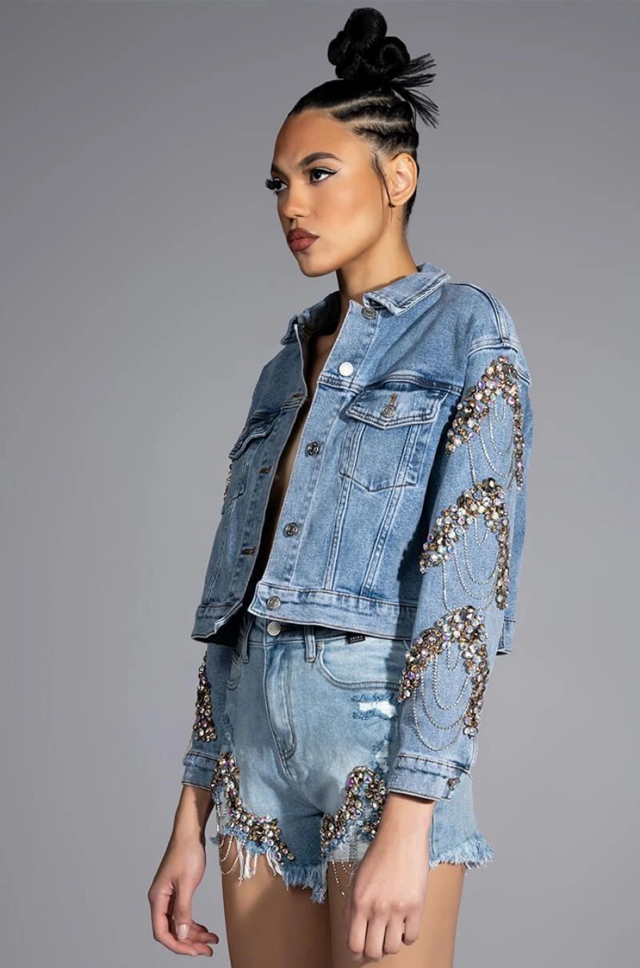 Denim * | Glamorous Life Rhinestone Jean Shorts Medium Blue Denim