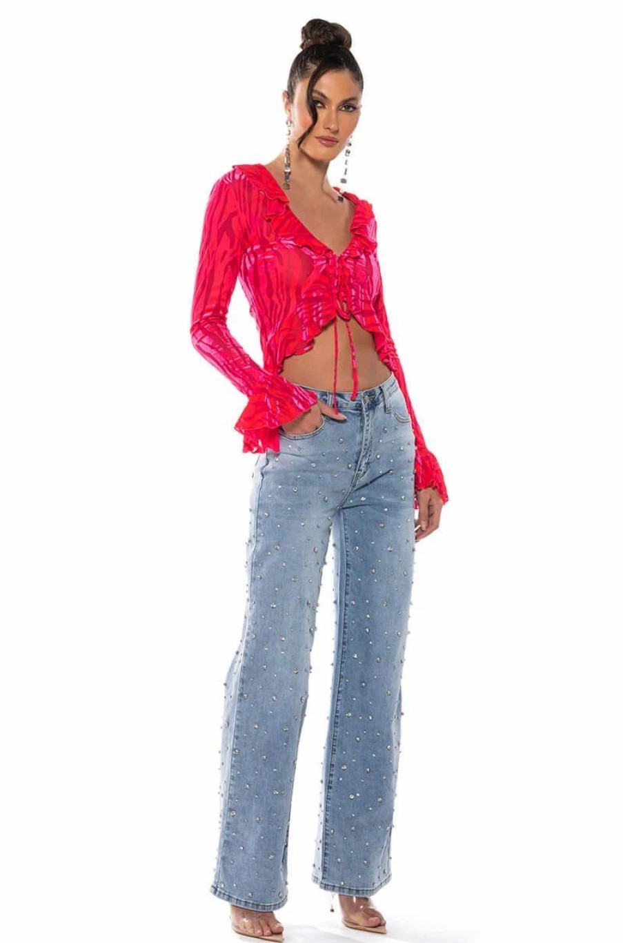 Denim * | Everytime Rhinestone Embellished Straight Leg Jeans Medium Blue Denim