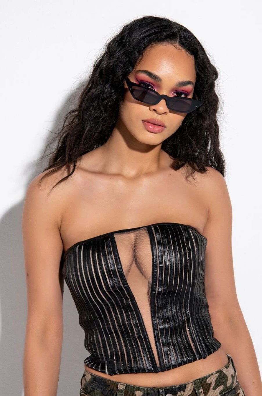 Crop Tops & Bralettes * | Stallion Mesh Panel Faux Leather Corset Black