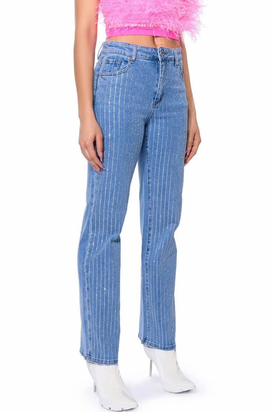 Denim * | Kick Back Pinstripe Rhinestone Wide Leg Jeans Medium Blue Denim