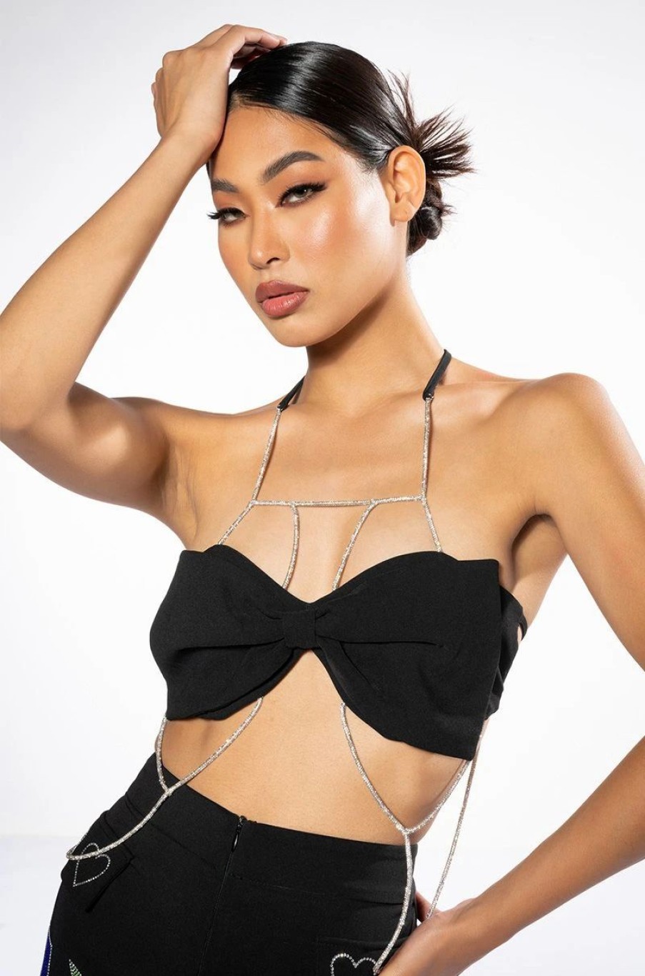 Crop Tops & Bralettes * | Flashing Lights Rhinestone Rope Bralette Black Silver