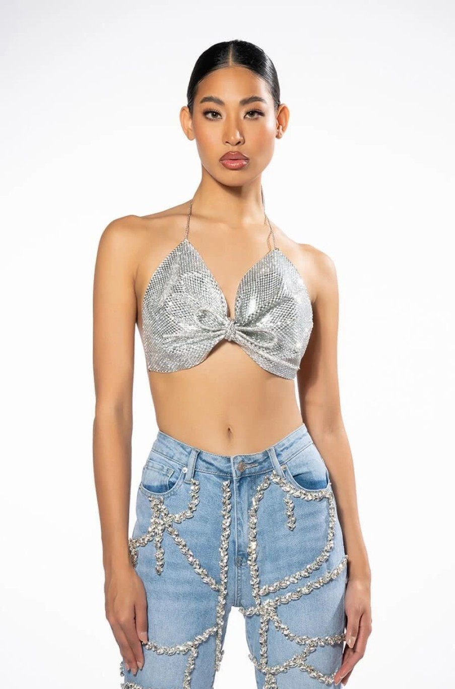 Crop Tops & Bralettes * | Sweet Thang Sleeveless Embellished Crop Top Silver