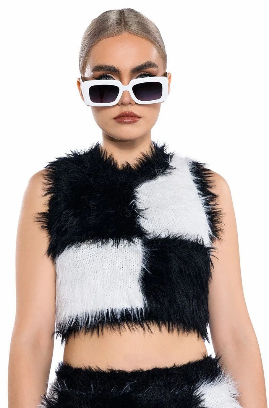 Crop Tops & Bralettes * | Checkmate Sir Fuzzy Crop Top Black White