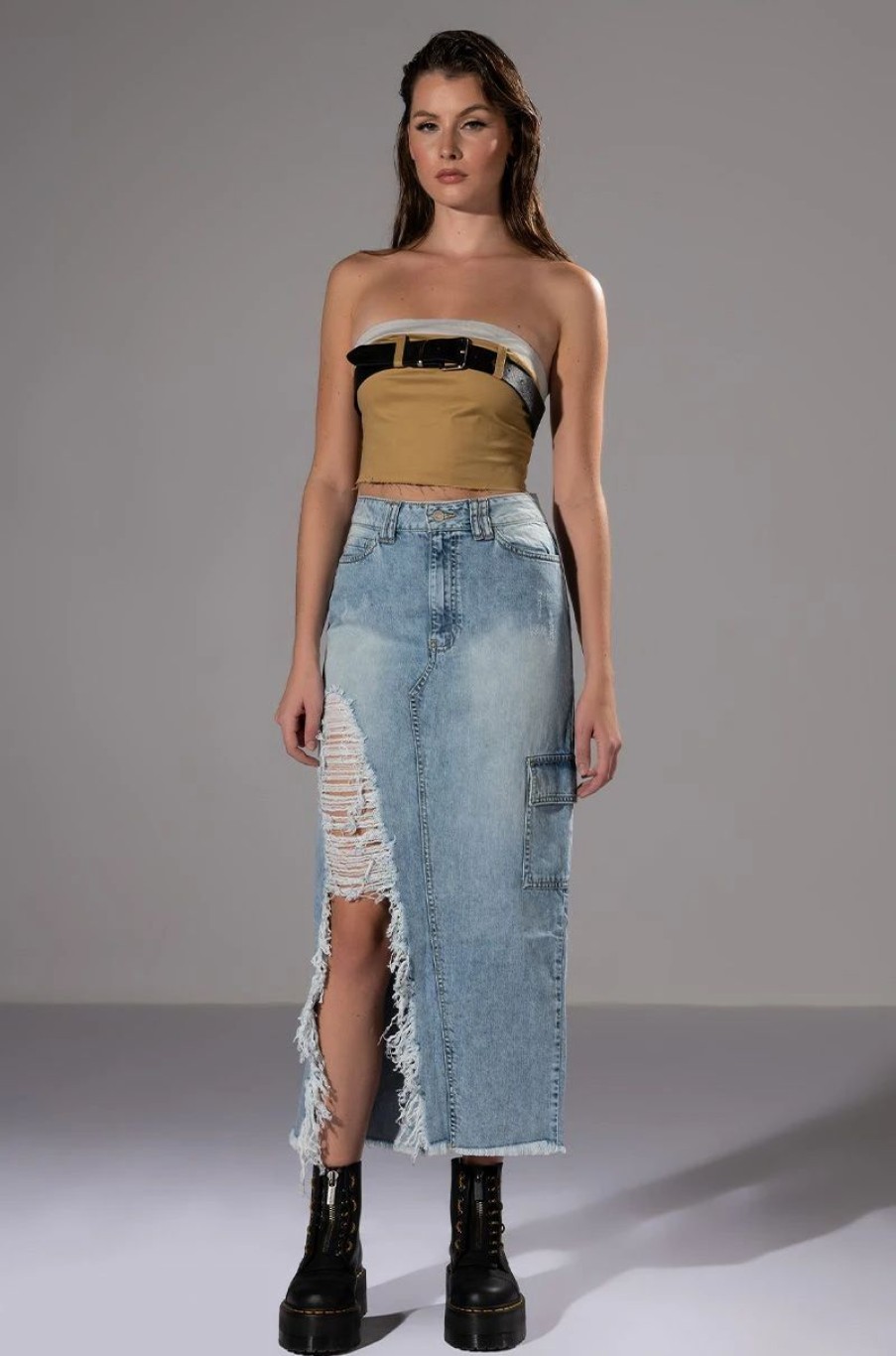 Denim * | Double Ohs Cargo Distressed Midi Skirt Light Blue Denim