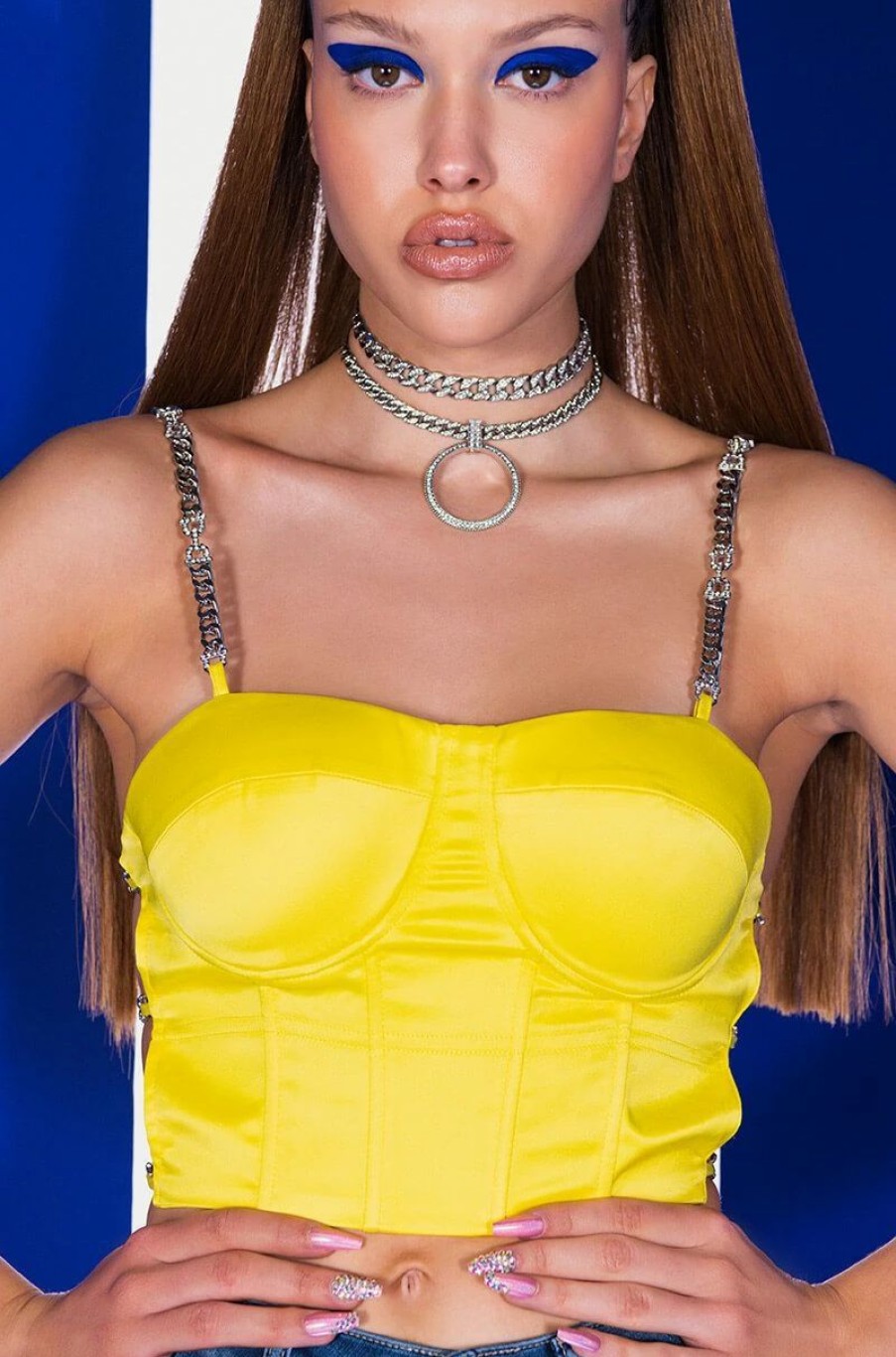 Crop Tops & Bralettes * | Feeling Spicy Rhinestone Chain Satin Bustier Yellow