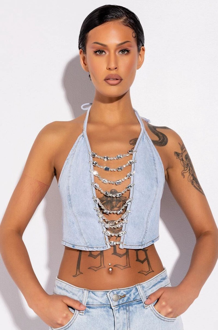 Crop Tops & Bralettes * | Covered In Diamonds Denim Plunge Crop Top Light Blue