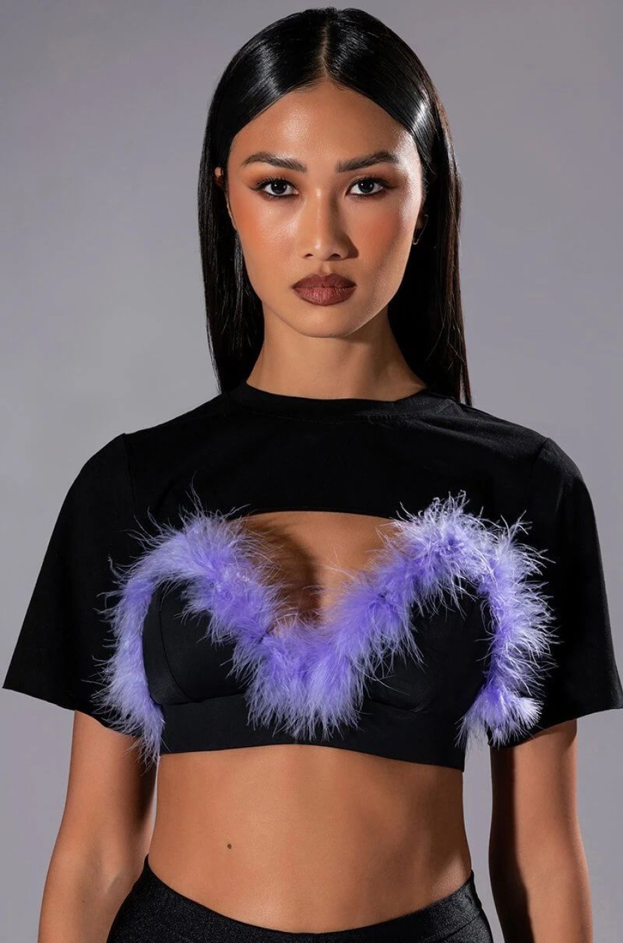 Crop Tops & Bralettes * | Tai Feather Trim Bra And Ultra Crop Tshirt Set Black Multi