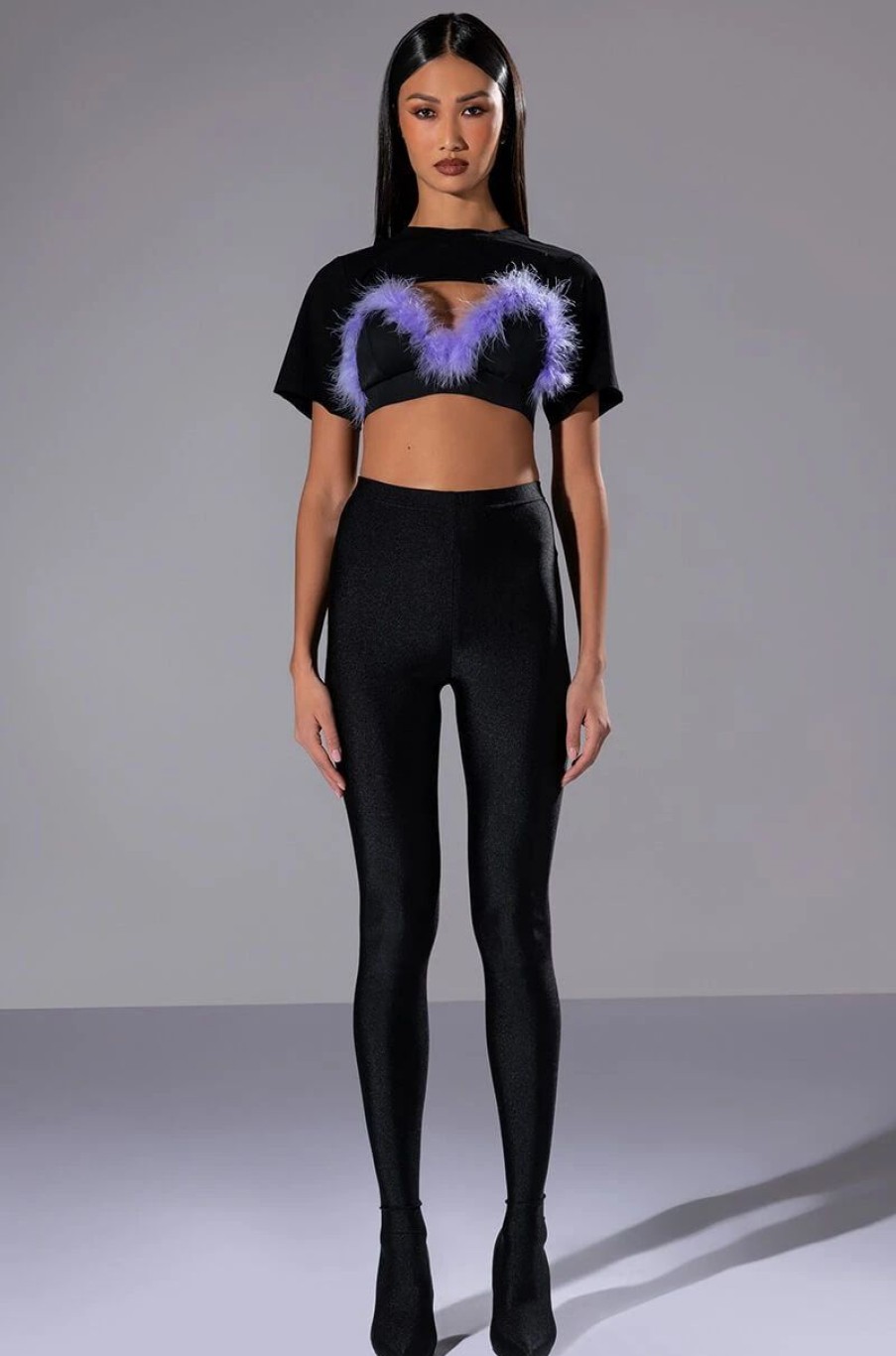 Crop Tops & Bralettes * | Tai Feather Trim Bra And Ultra Crop Tshirt Set Black Multi