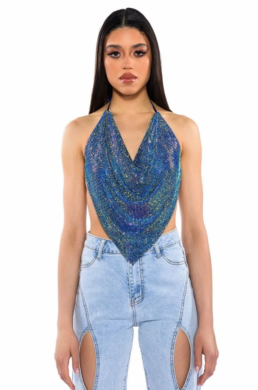 Crop Tops & Bralettes * | Miami Callin Rhinestone Chainmail Top In Blue