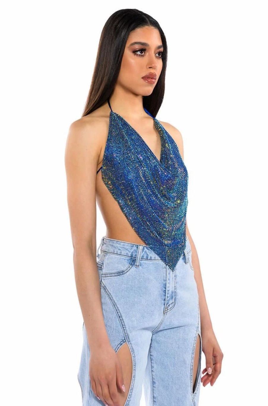 Crop Tops & Bralettes * | Miami Callin Rhinestone Chainmail Top In Blue