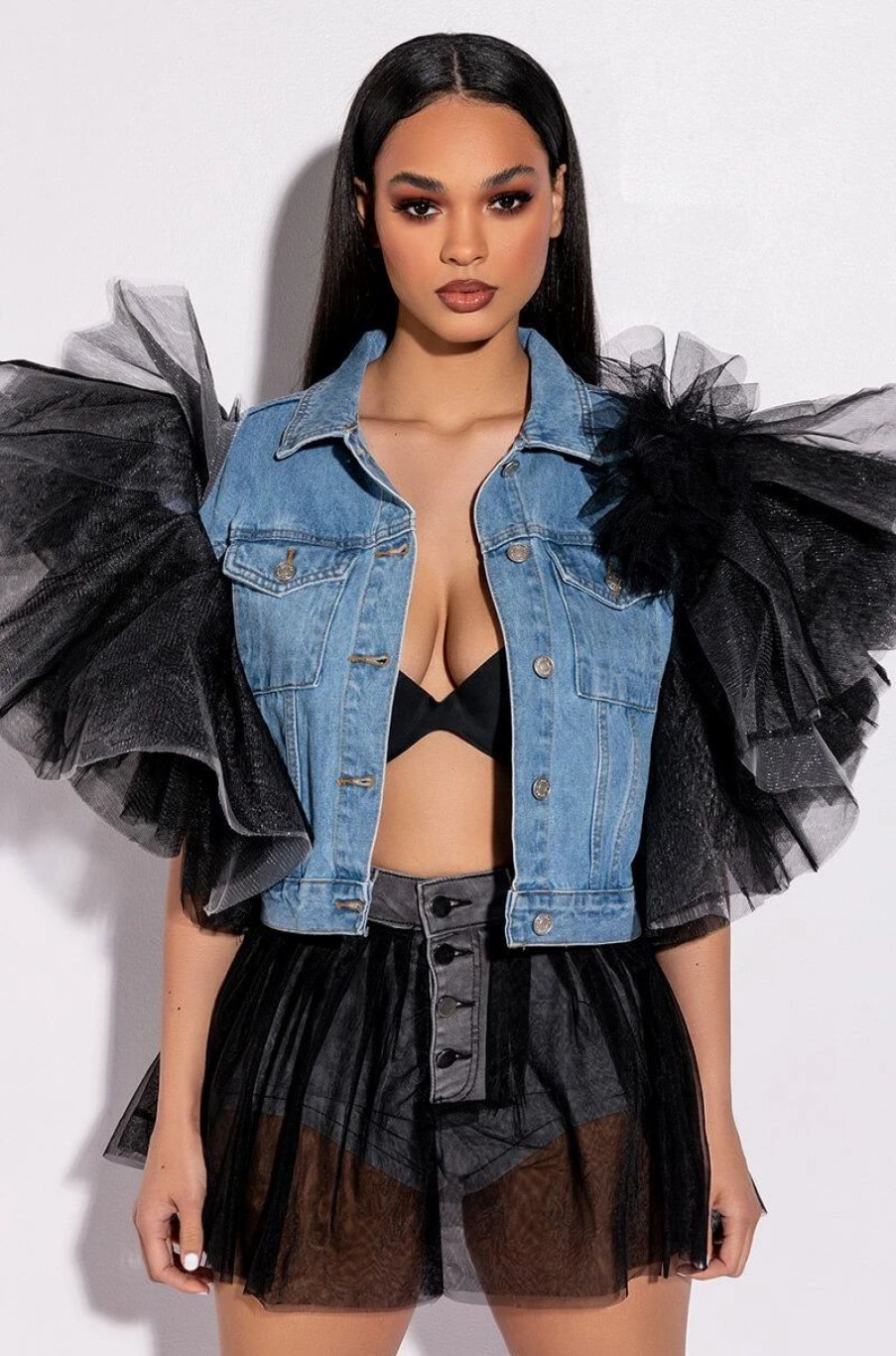 Denim * | How Soon Is Now Tulle Denim Shorts