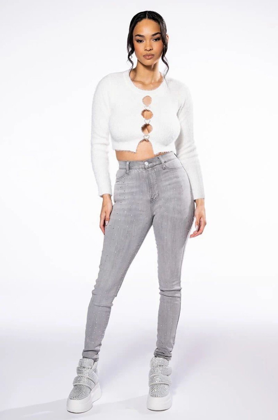 Denim * | Extreme Stretch High Waisted Skinny Jeans With Rhinestones Grey