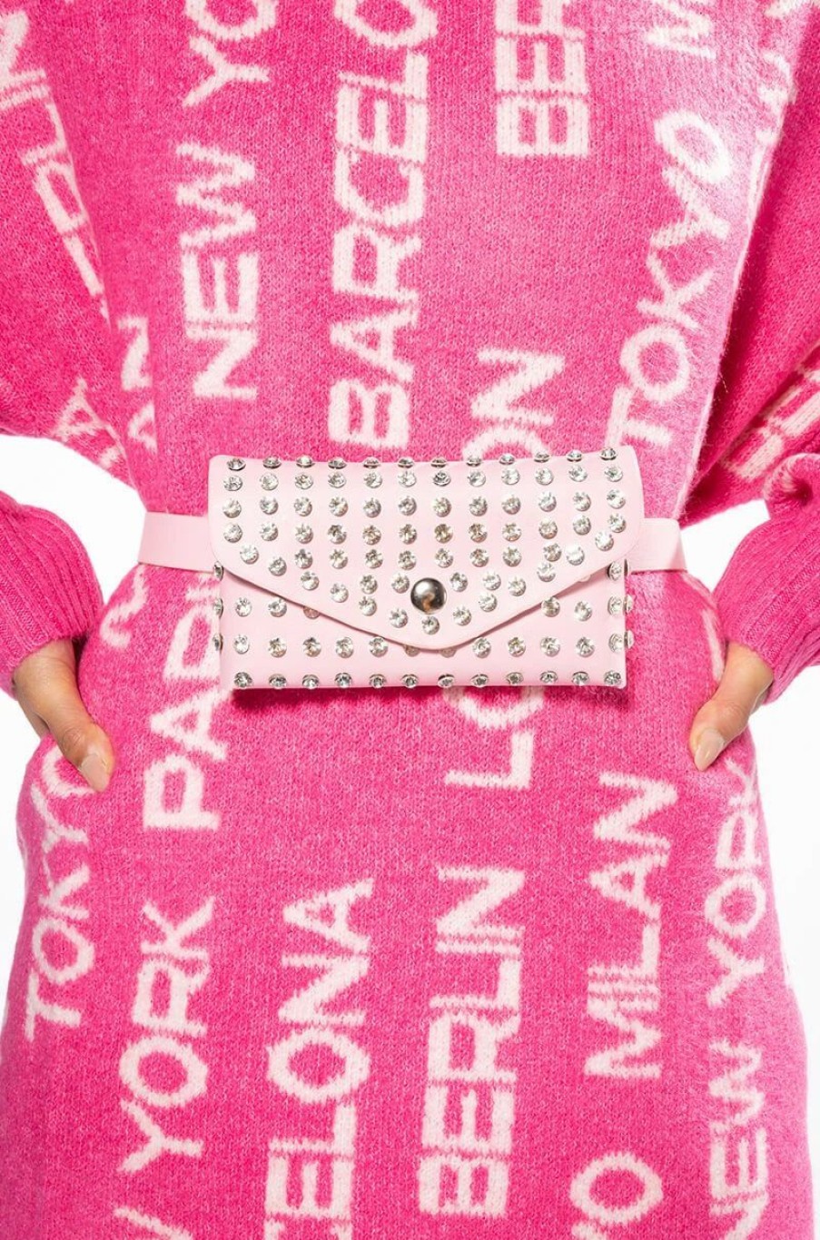 Handbags, Clutches & Wallets * | Woke Up In Vegas Rhinestone Belt Bag Pink