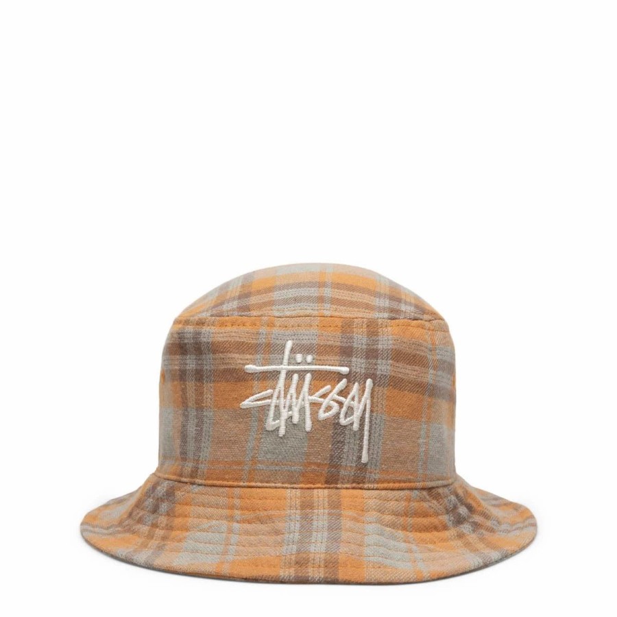 Headwear * | Stussy Earth Plaid Basic Bucket Hat Mustard