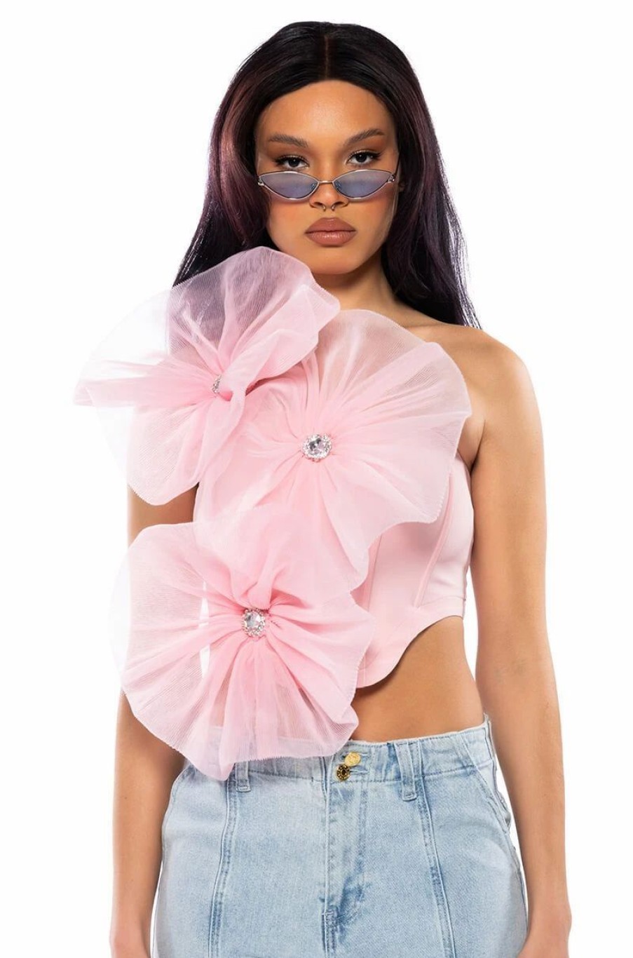 Crop Tops & Bralettes * | Blossom Textured Flower One Shoulder Crop Top Pink