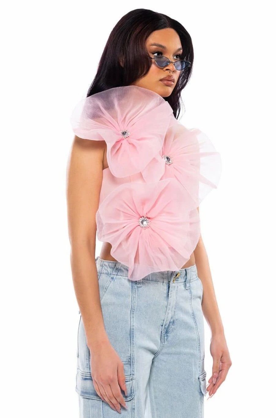 Crop Tops & Bralettes * | Blossom Textured Flower One Shoulder Crop Top Pink